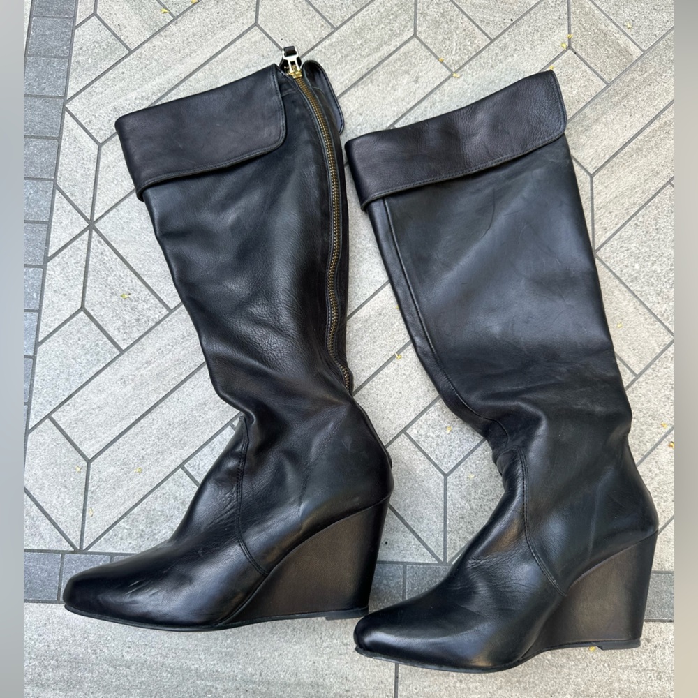 Pedro Miralles Black Leather Wedge Knee Boots